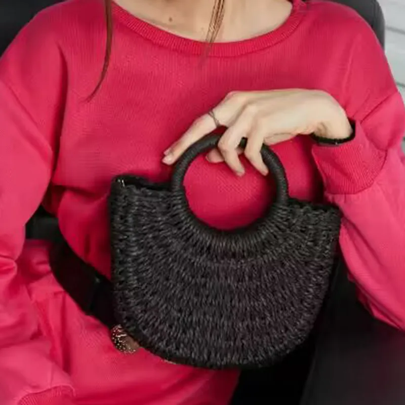 Sommer-Handgefertigte Taschen für Frauen, Weben, Damen, Strohumwickelte Strandtasche, Mondförmige Handtaschen mit Griff oben_voghion.com