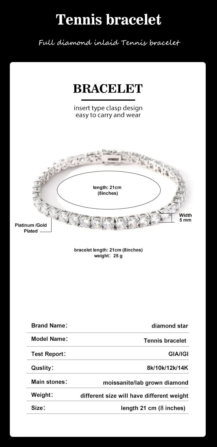 Sterg Sier Moissanit Kette Bracelet Fein Bijouen GRA Zertifikat VVS VS Dia Halskette Hip Hop Stil Tenniskette_voghion.com