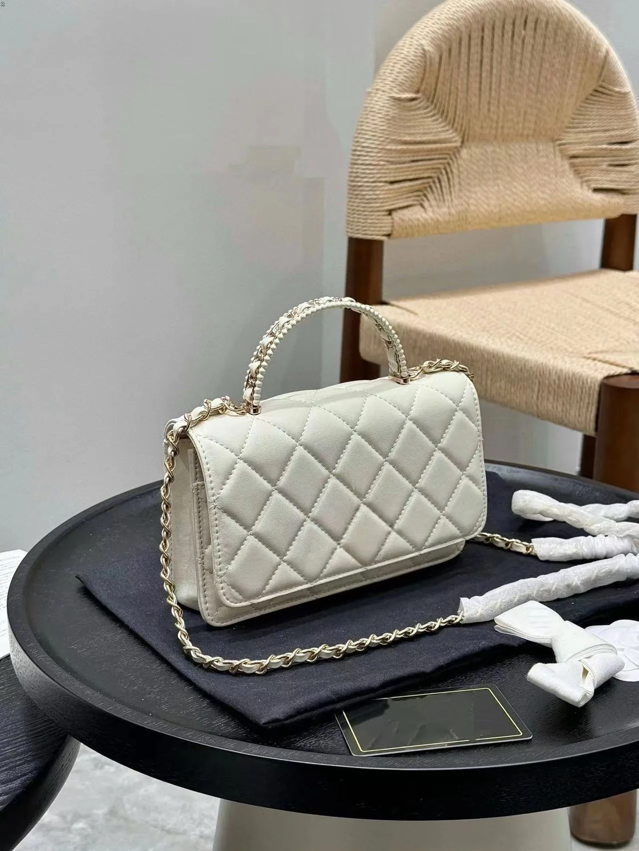 Borsa a tracolla con catena trapuntata Woc da donna, con manico in metallo intrecciato, mini borsa a mano con patta in pelle liscia_voghion.com