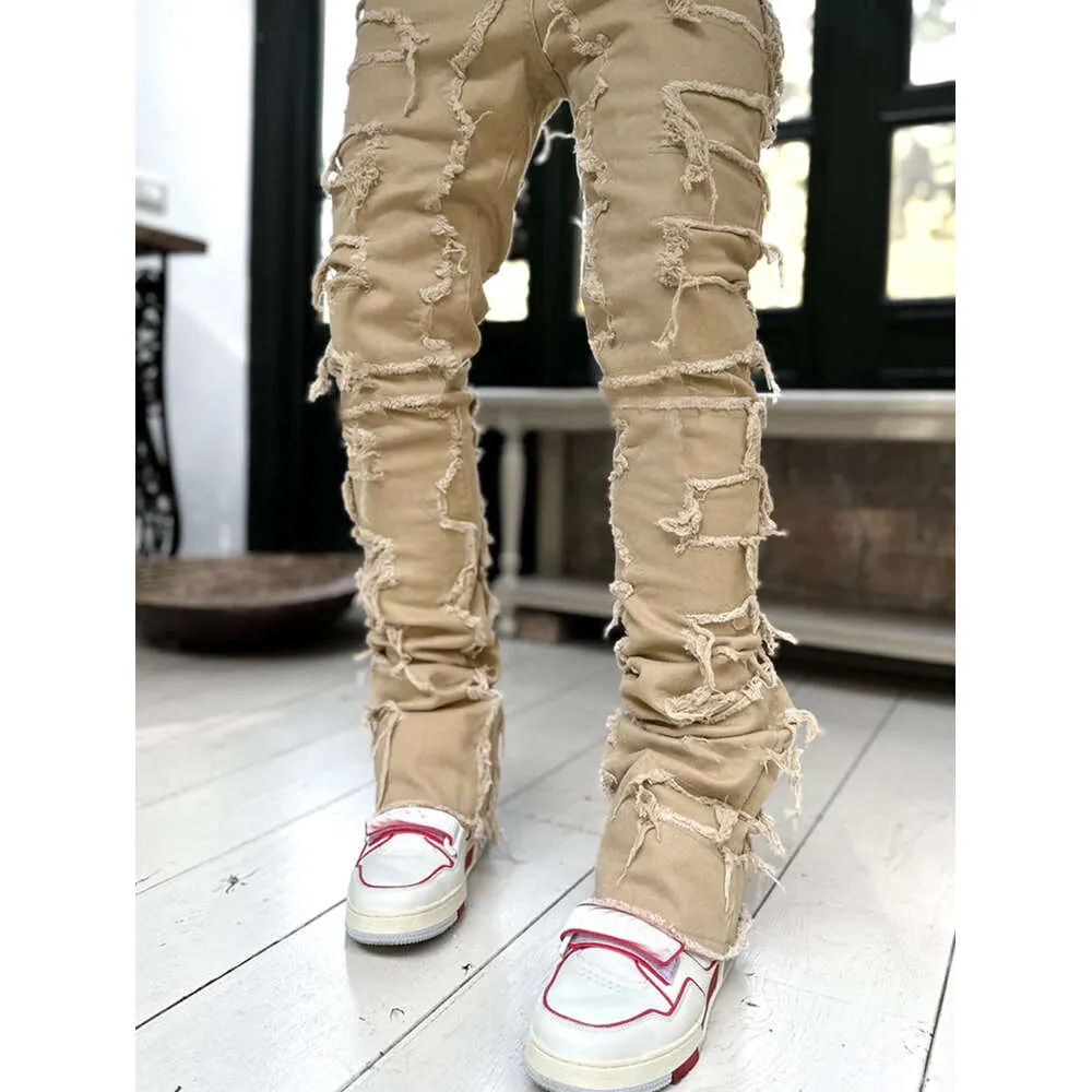Pantalon droit en denim à patch élastique pour homme, nouvelle mode de rue_voghion.com