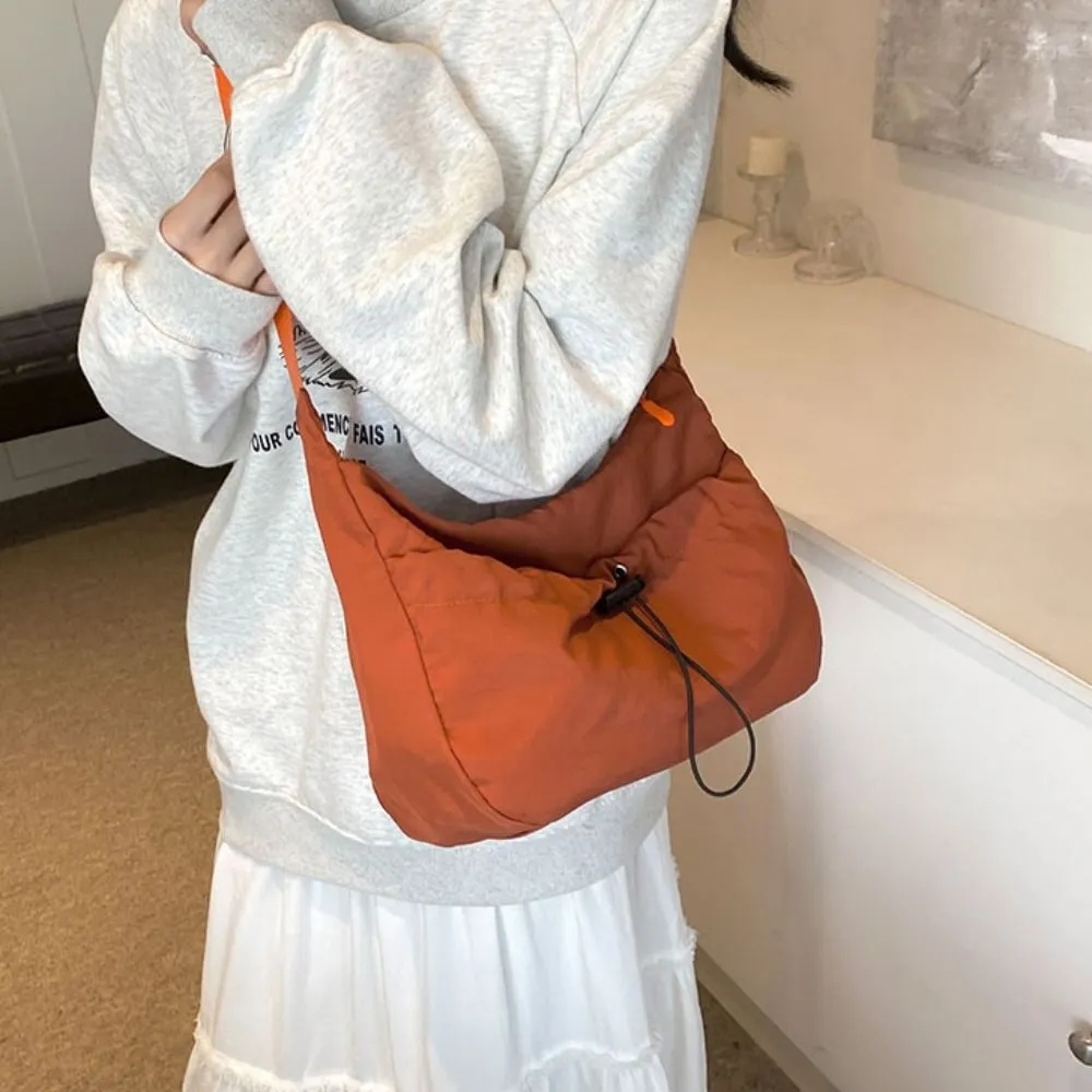Borsa a tracolla in tela stile coreano con tracolla regolabile in nylon con coulisse e tracolla in tinta unita_voghion.com