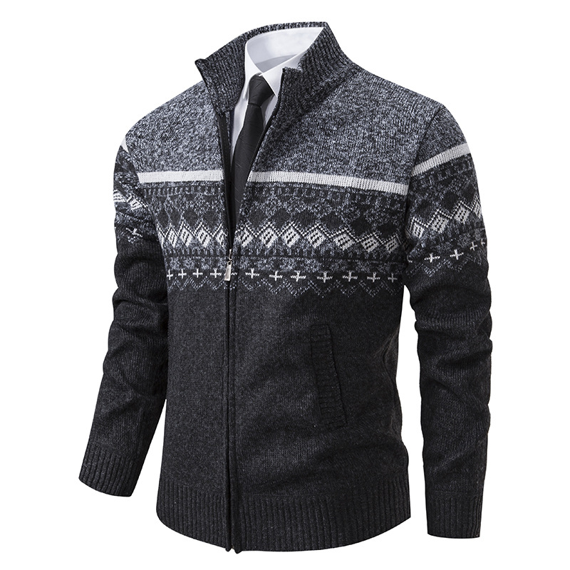 Negócios outono veludo engrossado suéter masculino de meia idade gola alta cor bloqueada retro jacquard cardigan de malha_voghion.com