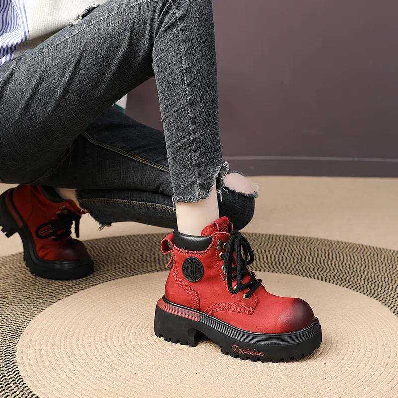 Genuine Leather Motorcycle Boots For Women Round Toe Thick Sole_voghion.com