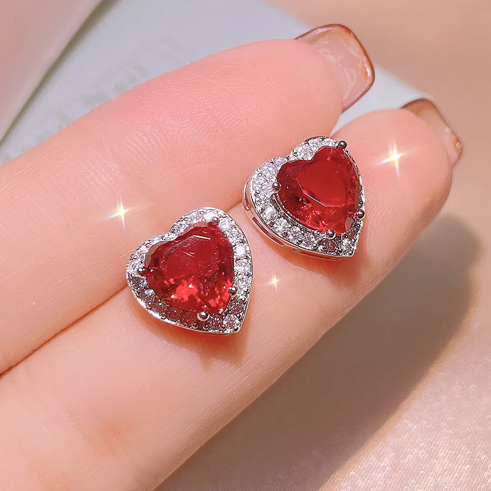 Set di gioielli con anelli, orecchini e collane di design con cuore di melograno naturale per donne, Giappone e Corea, fatti a mano, in cristallo rosso_voghion.com