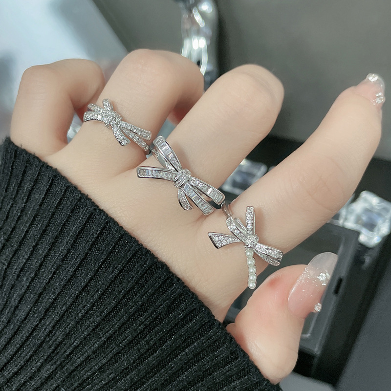 High end Light Luxury Full Diamond Zircon Bow Sweet Cool Open Female Instagram Cold Elegant Elegance Small and Popular_voghion.com