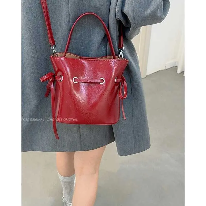 Vintage Women Pu Bucket Bags Solid String Side Bows Handbag Large Capacity Female Leather Crossbody Packs Lady Underarm_voghion.com
