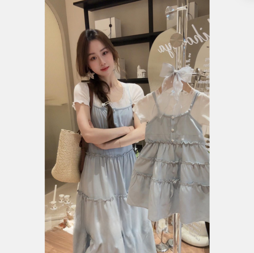Rochie de familie pentru mame și copii, rochie de vară cu dantelă, cu imprimeu floral, pentru mamă și fiică, fustă minimalistă cu flanșe din două piese_voghion.com