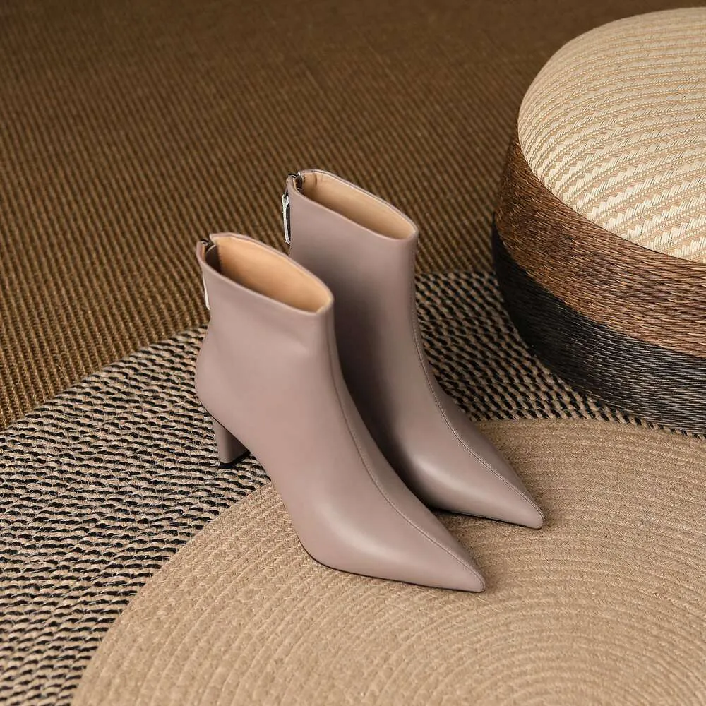 Cow Leather Pointed Toe High Heels Zipper Modern Warm Winter Shoes Concise Fashion Solid Elegant Ankle Boots_voghion.com