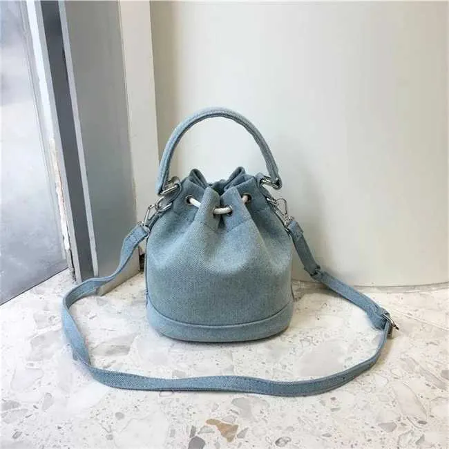 Women Fashion Denim Bucket Solid String Handbags Casual Mini Crossbody Bags Female All-matched Messenger PackC241212_voghion.com