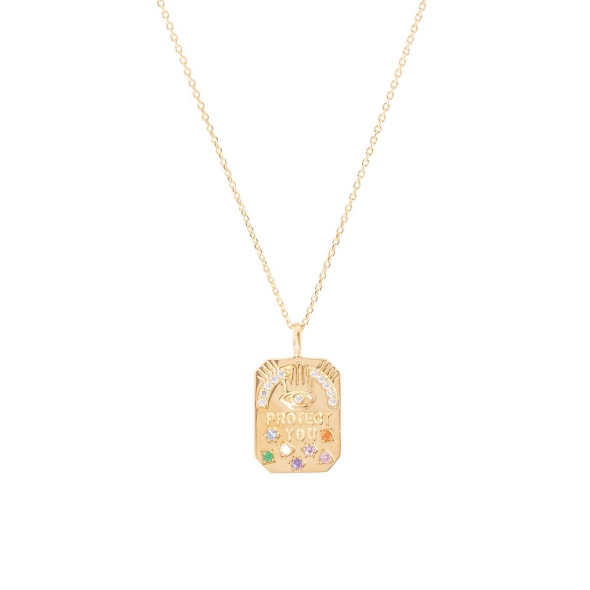 Genuine gold electroplated ins style colored zircon inlaid with protect you amulet pendant necklace_voghion.com