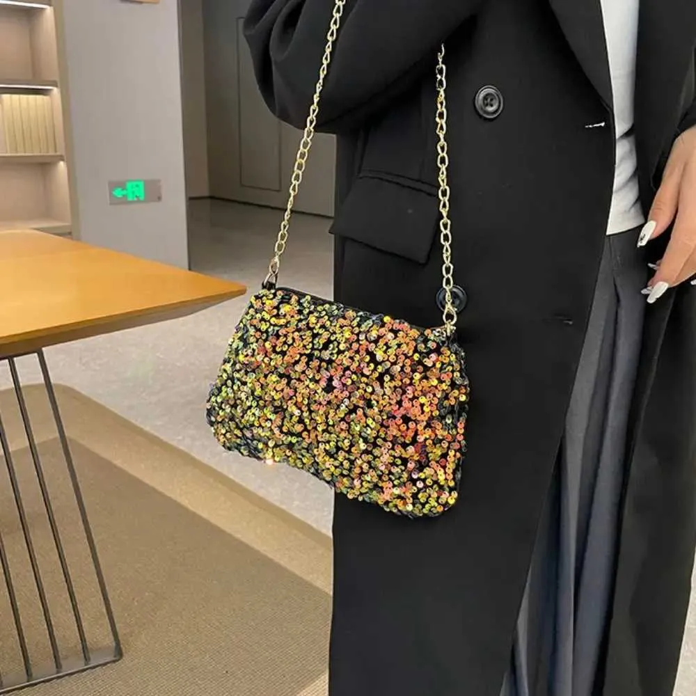 Chain cross body solid color Korean sequin shoulder bag mobile wallet Y241019_voghion.com