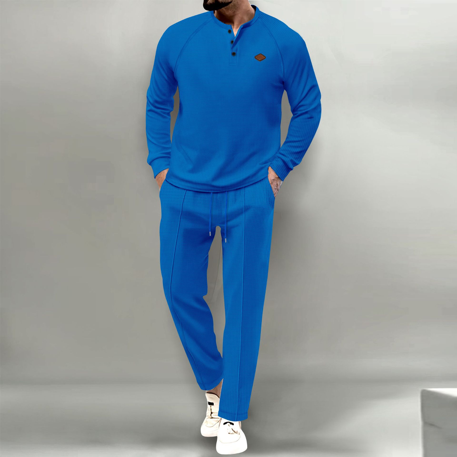 2024 Spring and Autumn New Men's Solid Color Waffler Henley Long sleeved Pants Set_voghion.com
