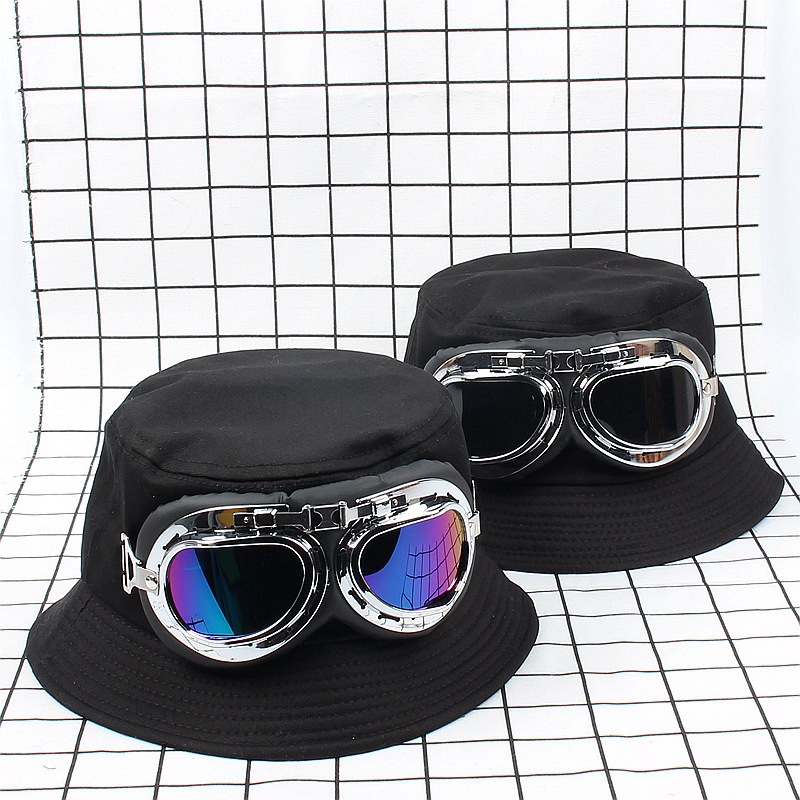 Chapeau seau décoratif personnalisé avec lunettes de pilote pour hommes et femmes, tendance de la rue, chapeau de bassin noir à dessus plat