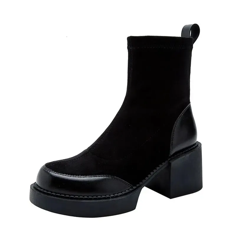 Woman For Short Black Shoes Womens Ankle Boots Sock Footwear Combat Booties Very High Heels Suede Punk Style Heeled_voghion.com