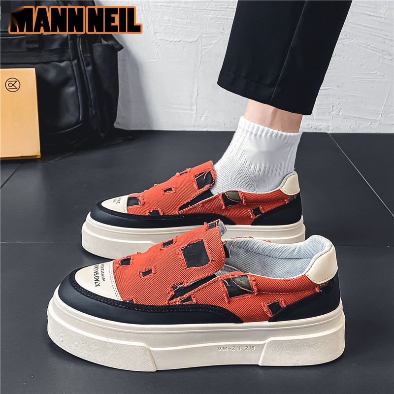 MannNeil 2024 New Summer Breathable Canvas Trdy M's Versatile Instagram High Street Brok Hole Beggar Board Shoes_voghion.com