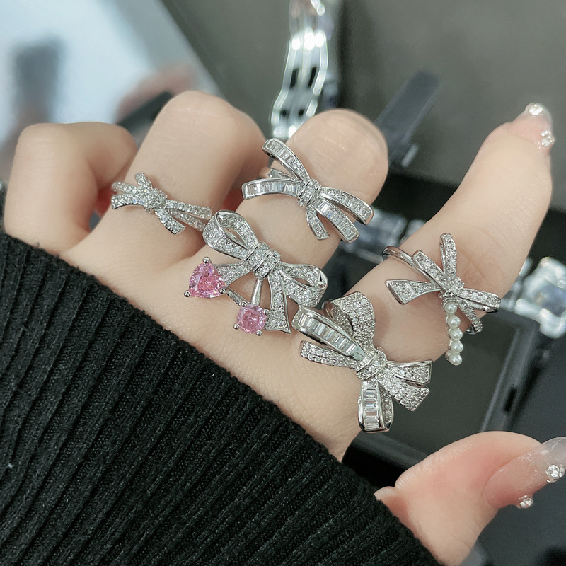 High end Light Luxury Full Diamond Zircon Bow Sweet Cool Open Female Instagram Cold Elegant Elegance Small and Popular_voghion.com