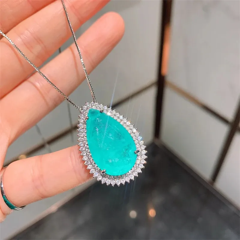 QXTC Vintage Paraiba Tormalina Gemstone Lab Diamanti Collana Orecchini Ciondoli Nozze Festa Pregiata Set di Gioielli_voghion.com