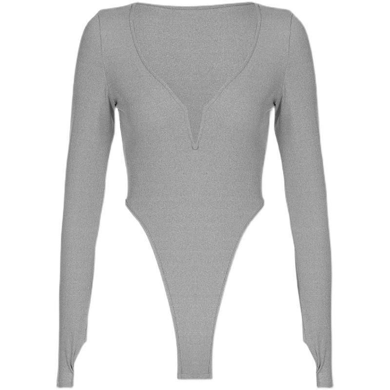 T-shirt à manches longues et col en V sexy et tendance pour l'automne et l'hiver, coupe ajustée, couleur unie, design polyvalent_voghion.com