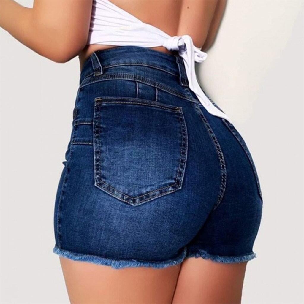 Short en jean élastique pour femmes, coupe slim, effet vieilli, à franges, 2024