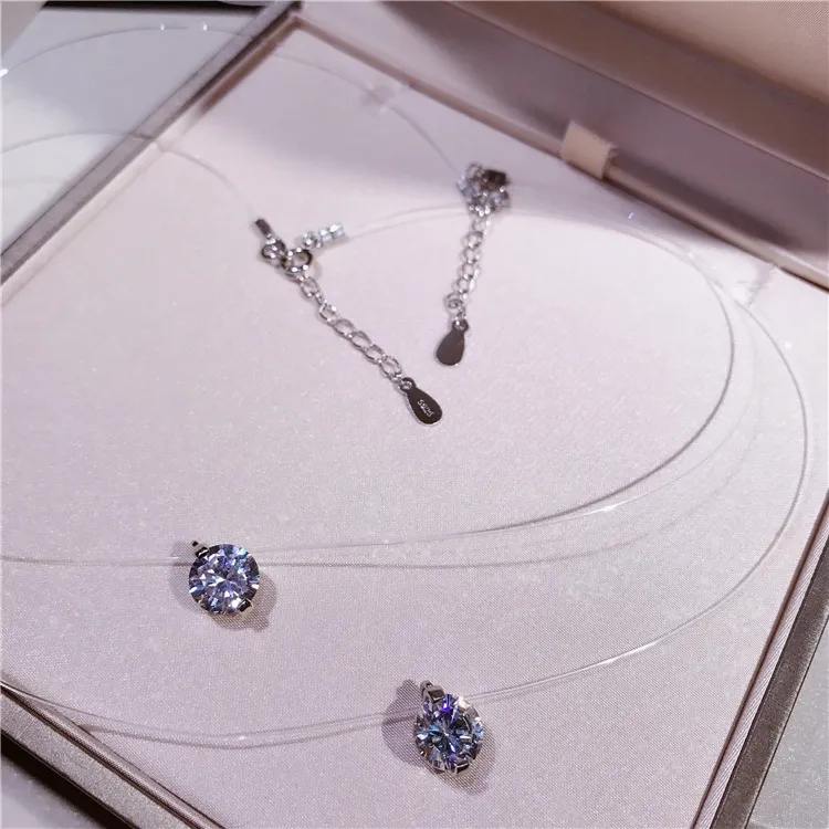 Colier din argint sterlin autentic cu zirconiu orbitor, invizibil, transparent, cu fir de pescuit, pandantiv simplu, lanțuri de bijuterii cu personalitate_voghion.com