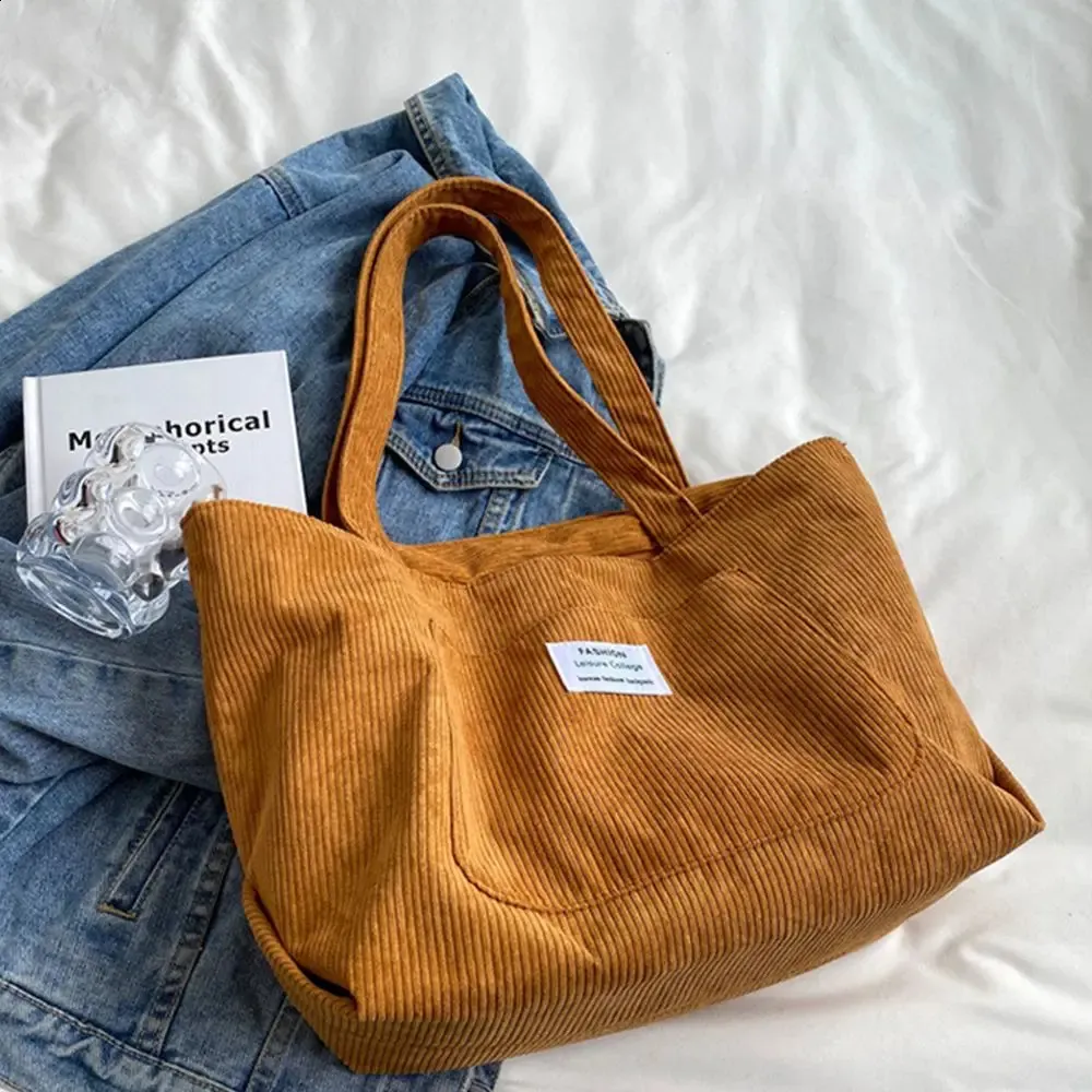 Dame skulderhåndtasker Corduroy tote stor indkøbstaske 240822_voghion.com