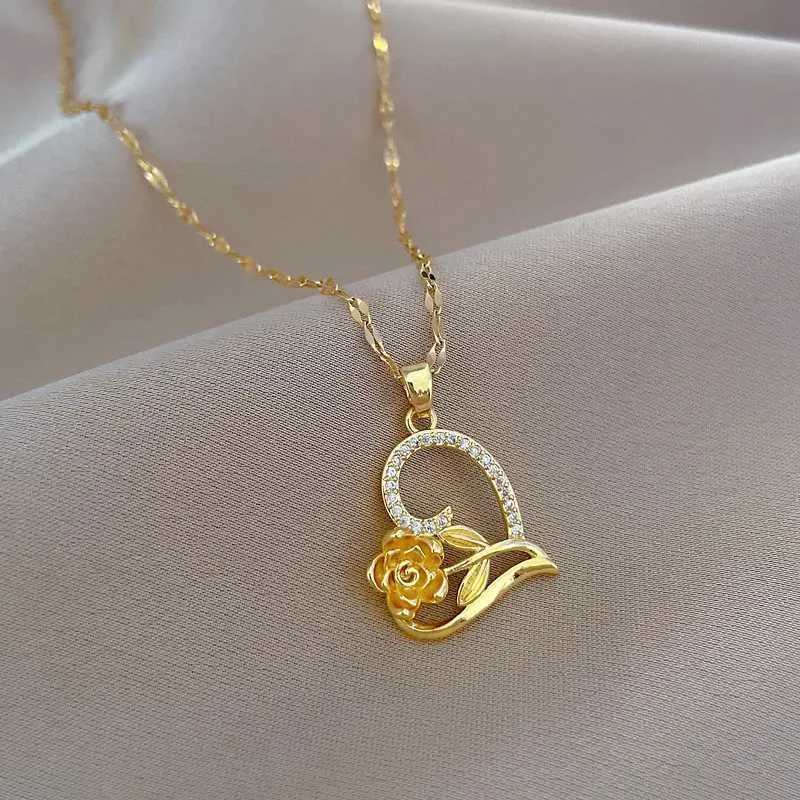 Colar com pingente coração rosa clássico retro aço inoxidável_voghion.com