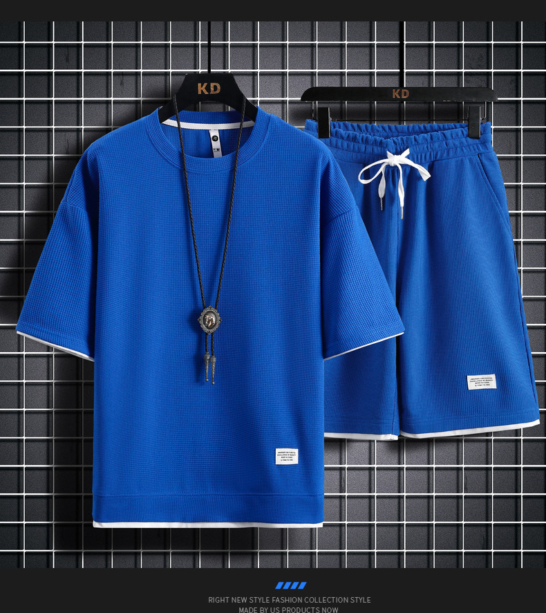 Neue Kurzarm Casual Sport Set Lose T-shirt Shorts Waffel Kleidung männer Sommer Tragen_voghion.com