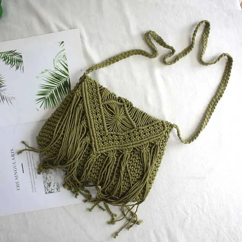 Handmade Cotton Woven Knitted Crossbody Bag With Tassels Vintage_voghion.com