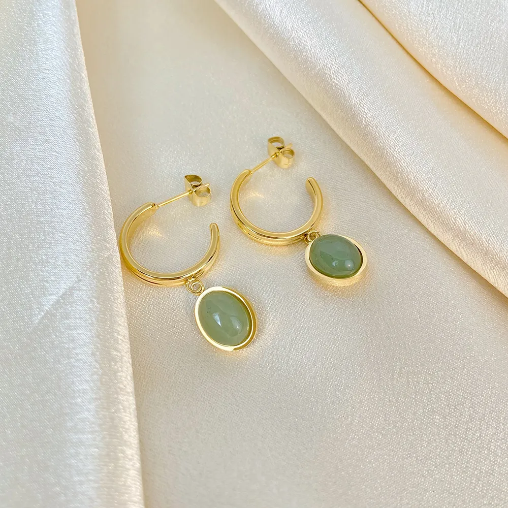 Grüner Aventurin Jade runder Anhänger Figaro Kette Edelstahl Halskette Ohrringe Set Vintage vergoldeter Schmuck für_voghion.com