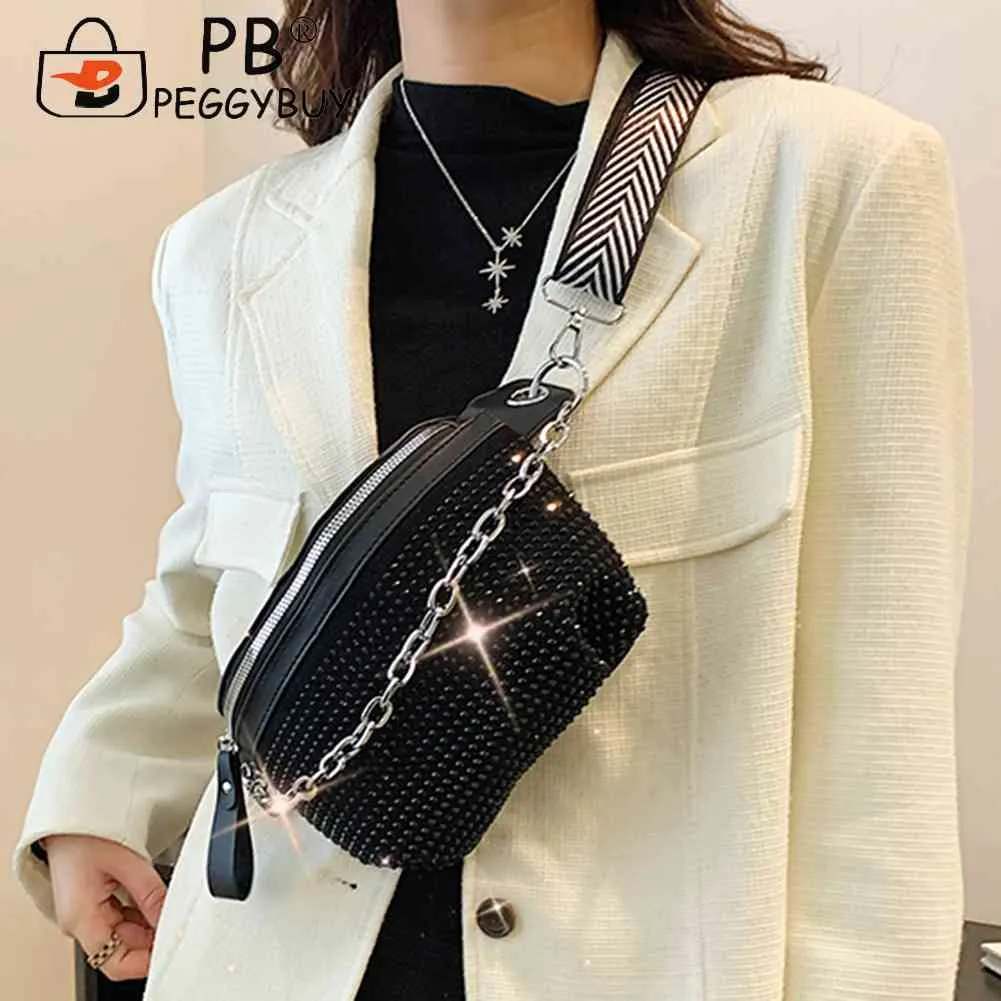 Rhinestone Ladies Handbags Fashion Chain Female Sling Waist Pack Casual Adjustable Strap Portable Elegant For Weekend_voghion.com