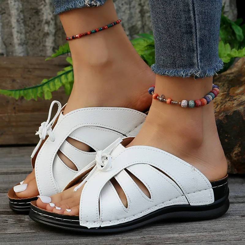 Vintage Lucyever Knowknot Plateau-Slides Schuh Damen Leichte weiße Keilpantoffeln Damen Strandsandalen mit weicher Sohle_voghion.com