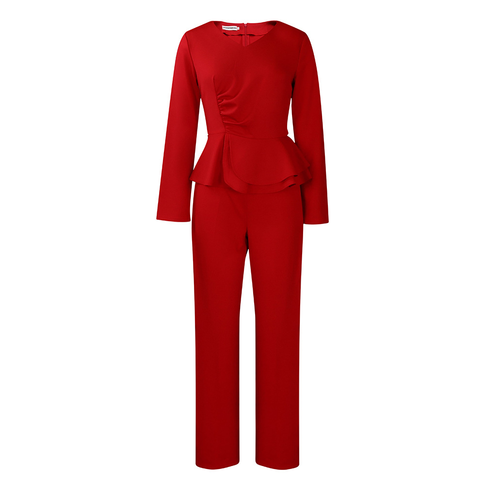 Damenmode OL-Set mat gerüschtem V-Ausschnëtt an Tops an Hosen aus zwee Deeler_voghion.com