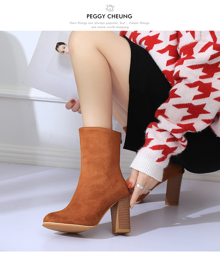 Bottes Martin à bout pointu et mi-tube pour femmes, talons hauts, à la mode, slim, fermeture éclair au dos, en daim, talon épais, nouvelle collection_voghion.com