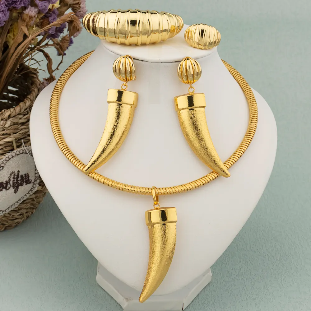 Sets Water Drop Earrings Necklace Jewelry Set Women Indian Dubai Gold Color Bracelet Ring for Wedding Bride Clothing_voghion.com