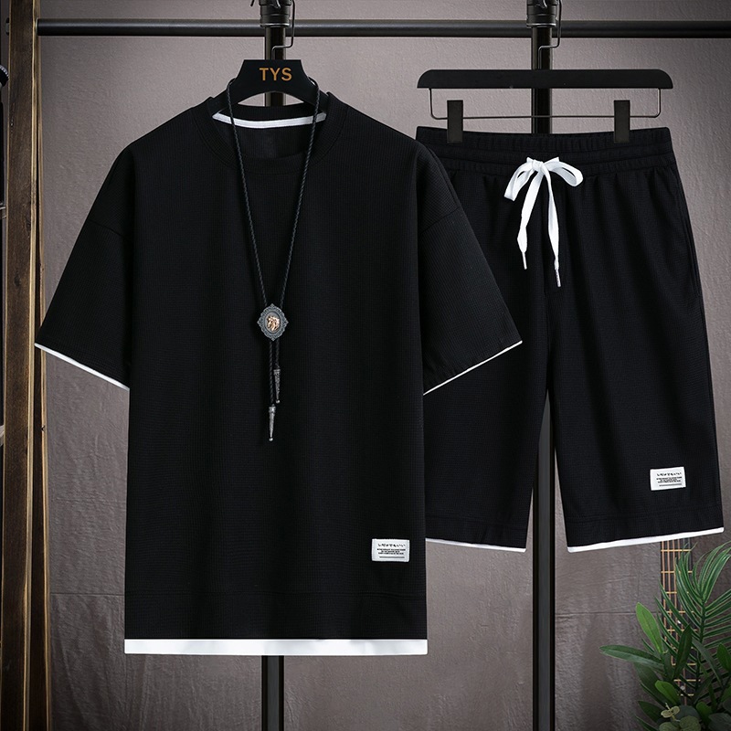 Neue Kurzarm Casual Sport Set Lose T-shirt Shorts Waffel Kleidung männer Sommer Tragen_voghion.com
