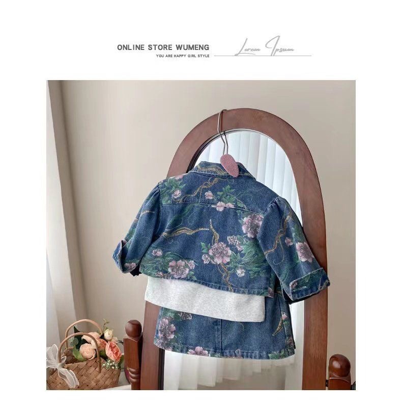 Kinderkleidung 2024 Herbst und Winter Neuer Jeansanzug für Mädchen Modische süße Jeansjacke mit Blumenmuster und Rock Zweiteiliger Anzug_voghion.com