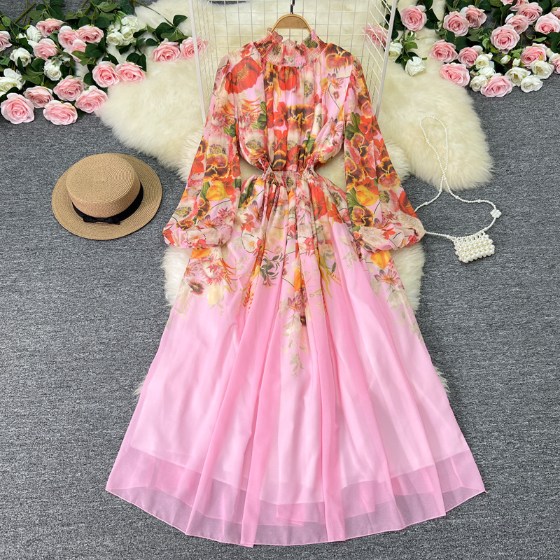 Women's Clothing Flower series spring dress temperament stand collar waist long design printed dress