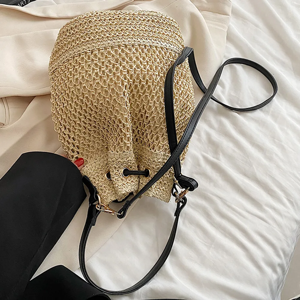 Summer Women Handbags Drawstring Straw Beach Crossbody Bags Adjustable Strap Fashion Casual Simple Elegant For Weekend_voghion.com