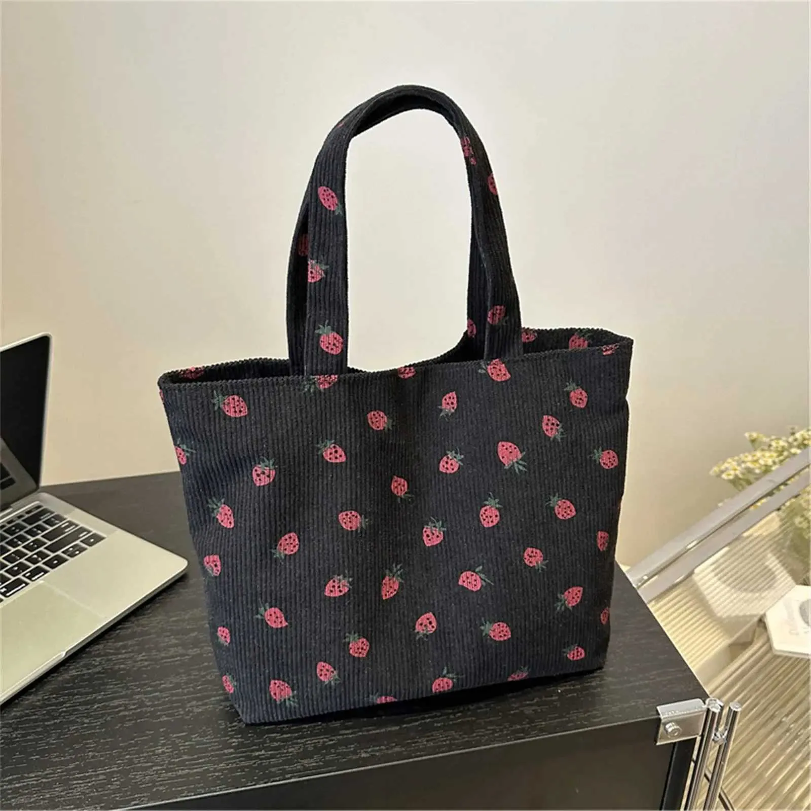 Corduroy Strawberry Print Tote Bag Versatile Everyday Shoulder Bag_voghion.com