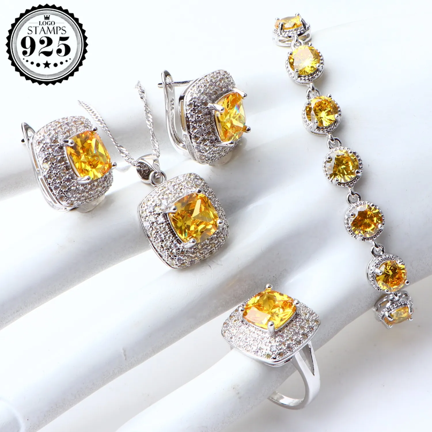 Kostüm-Sets Gelb Zirkonia Sier Schmuck Ohrringe Für Frauen Ehering Halskette Anhänger Set Geschenke Box CX200623_voghion.com