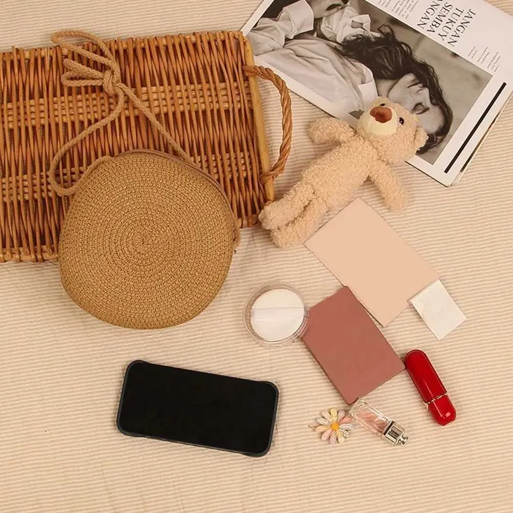 Apaļa salmu pludmales krusteniskā sieviešu soma ar rāvējslēdzēju un bērnu jauku, roku darbs, adītu mazu rokassomiņu Y241011_voghion.com