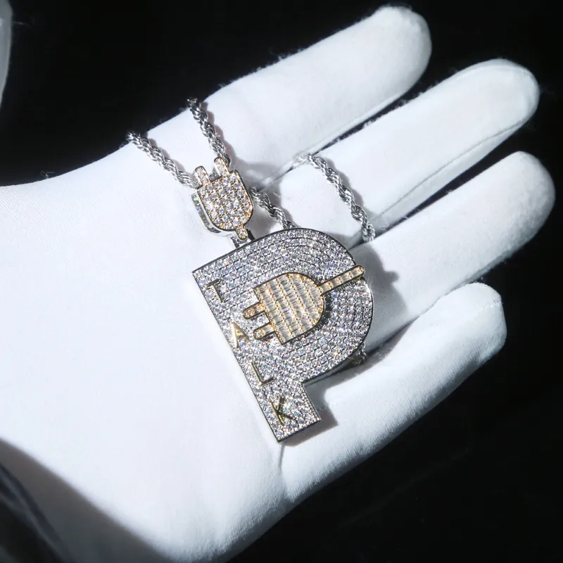 Chaînes Plaqué Or Hip Hop Hommes Bijoux Micro Pave Iced Out Bling Cubique Zircone Pavé Lettre P Forme Talk Plug Pendentif_voghion.com