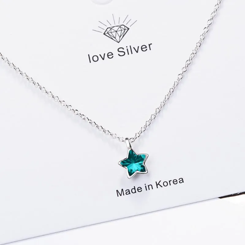 Ankunft Sterling Silber Mode Blau Kristall Stern Damen Ketten Halsketten Frauen Mädchen Schmuck Kurze Kette Geschenk Kein Verblassen_voghion.com