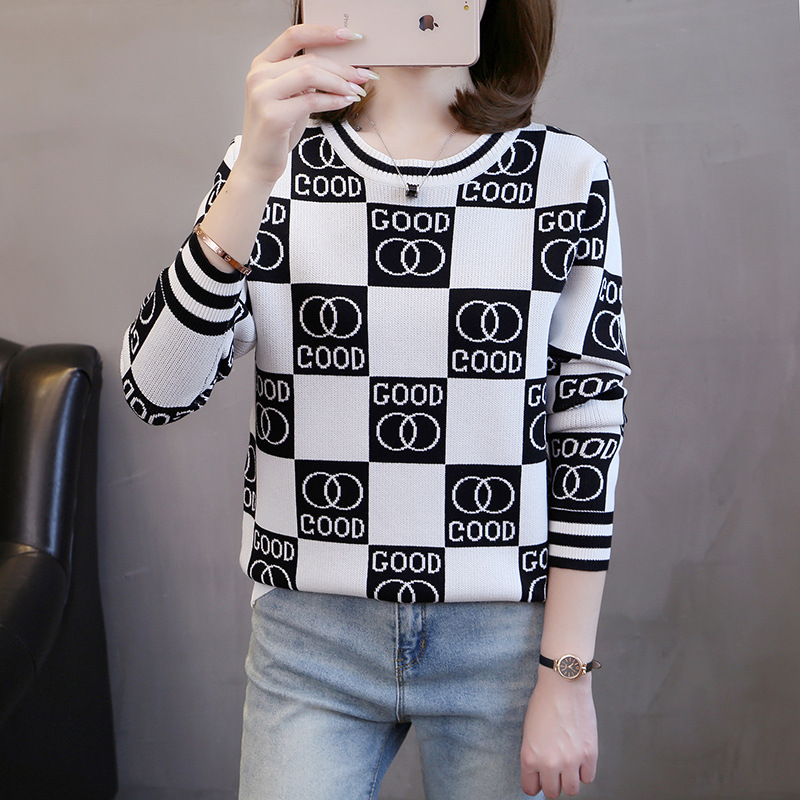 Women's Clothing new jacquard color matching knitted sweater for women Loose and slim sweater Round neck long sleeved bottoming shirt