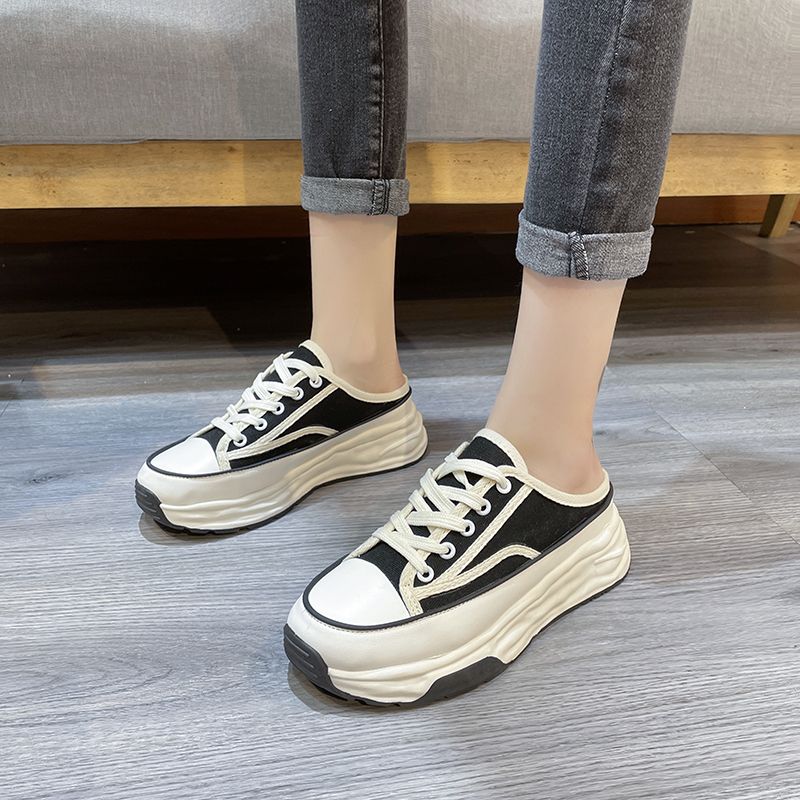 Pantofole casual in tela con lacci e stile Baotou, metà nuovo, primavera-autunno, moda donna 2023_voghion.com