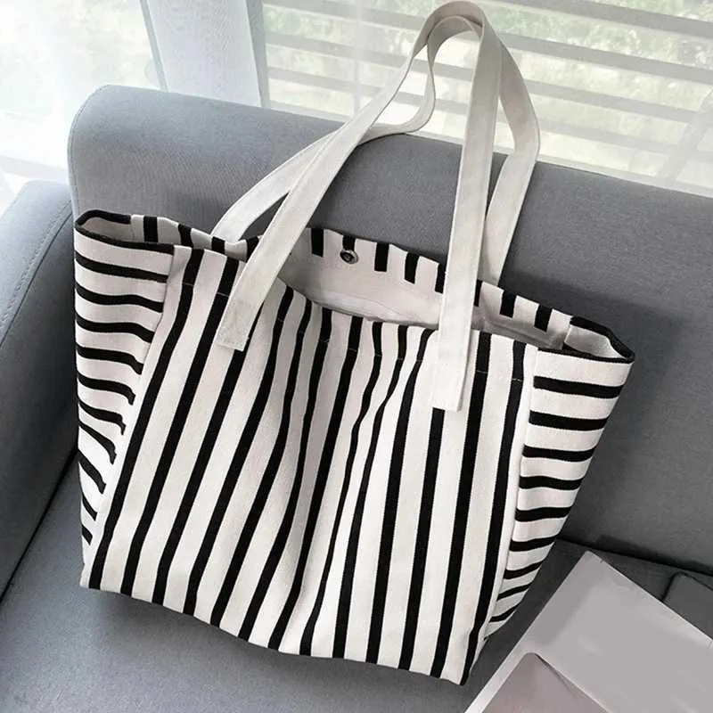 New Beach Handbag Fi Wen Canvas Summer Large Capacity Strip Shopping Bag Y241109_voghion.com