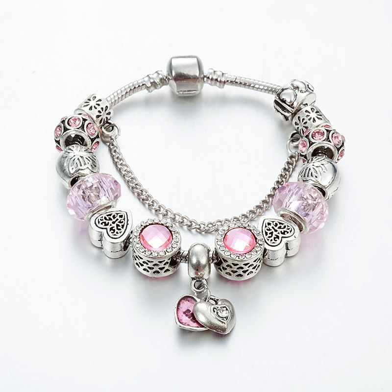 Moda Rosa Cristallo Tether Perline Argento Colore Cuore Charm Braccialetti Per Le Donne Fai Da Te Gioielli Fatti A Mano_voghion.com
