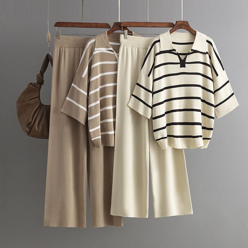 Women's Clothing contrast striped fashion suit new casual loose knitted wide leg pants two piece suit