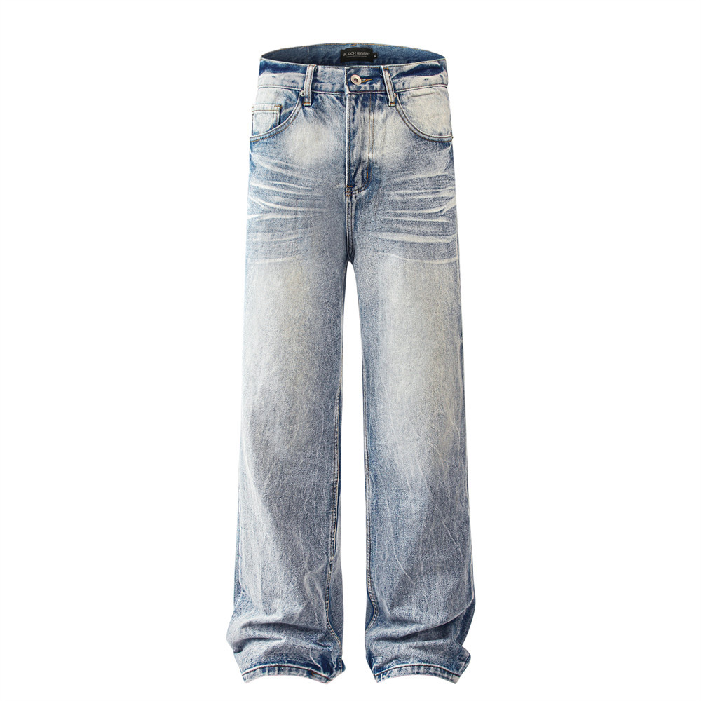 Vêtements pour hommes Jeans blancs délavés rétro vieillis Pantalons droits amples tendance pour hommes Pantalons de nettoyage polyvalents à jambes larges