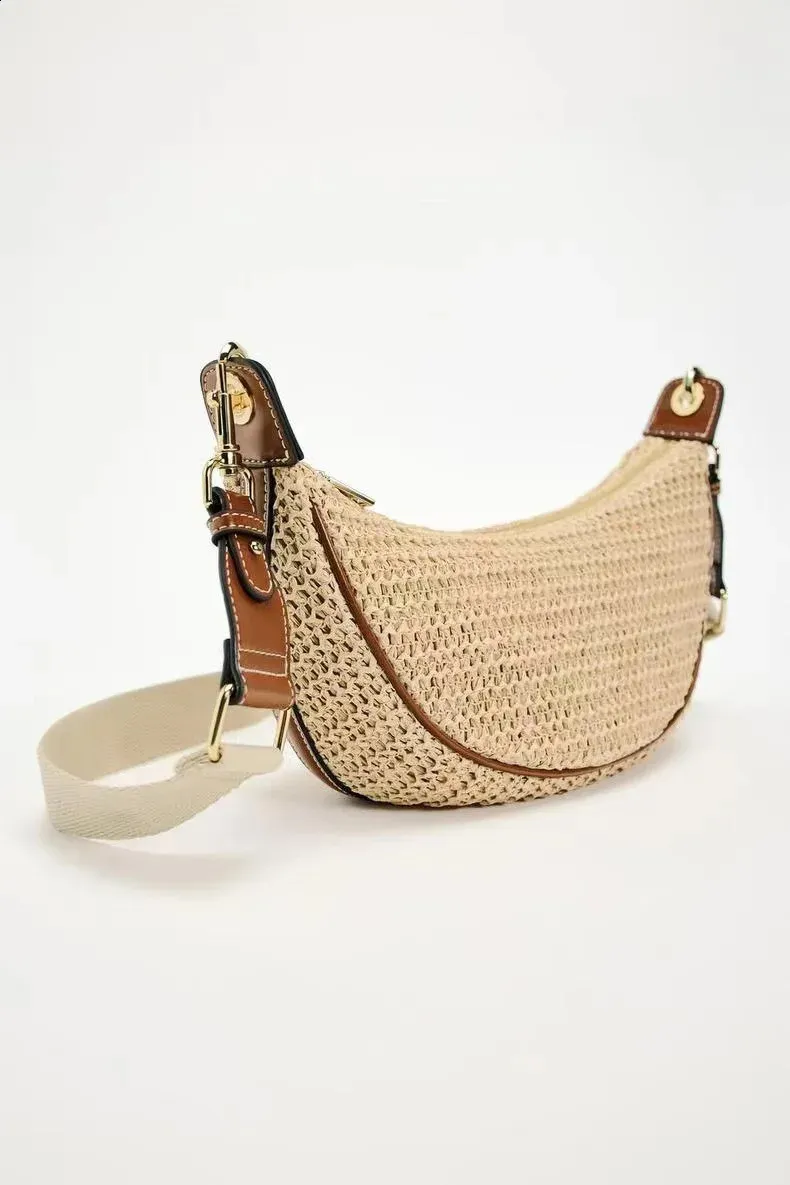 Borsa a tracolla da viaggio a mezza luna in paglia intrecciata alla moda per donna, borsa a tracolla fatta a mano 240907_voghion.com
